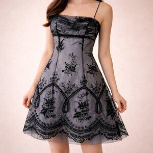 Vintage Y2K Embroidered Tulle Mini Prom Dress Black Grey Whimsigoth Size Xs